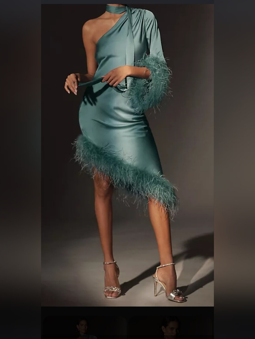 Hutch Teal One-Shoulder Satin Feather-Trim Dress